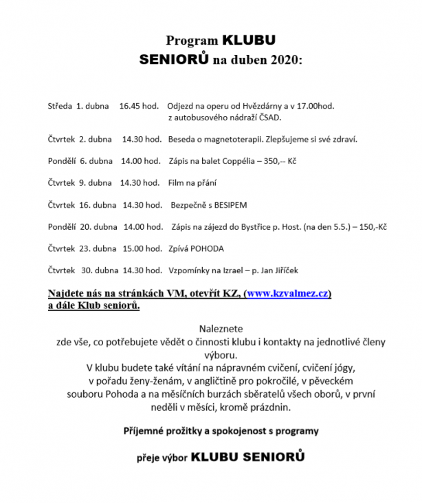 Program KLUBU SENIORŮ - duben 2020