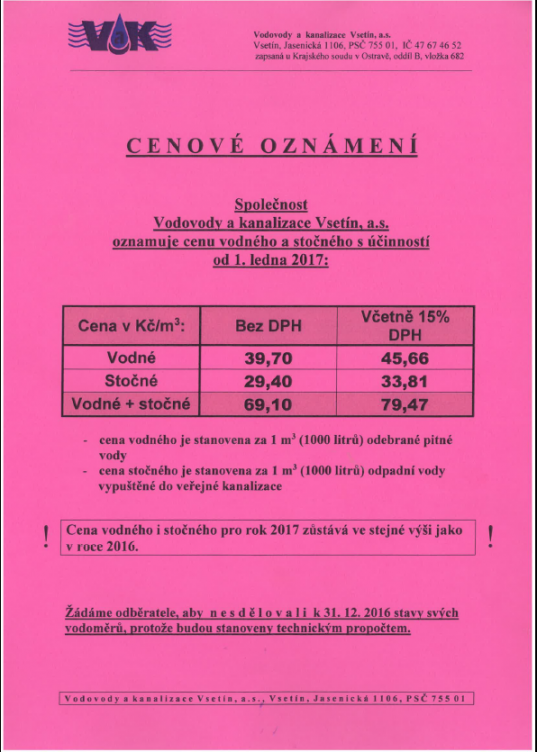 VaK Vsetín, a.s. - cenové oznámení