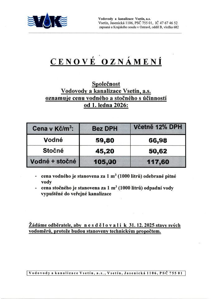 Cenové oznámení VaK a.s.